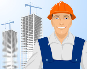 Builder on skyscrapers background