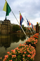 The Binnenhof royal flags in the city centre of The Hague, next