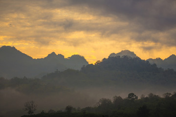 mountain and fog view from view point at kanchanaburi, thailand