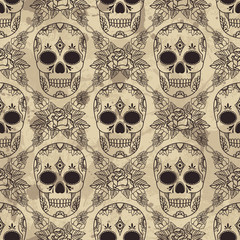 Vector seamless pattern with skulls and roses