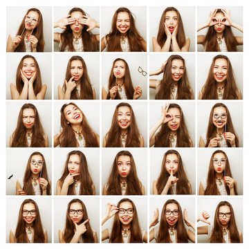 Collage of woman different facial expressions.