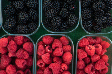 Red and Blue Raspberry in plastic container placed for sale in a fresh market