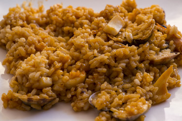 Typical Spanish seafood paella