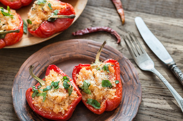 Stuffed red bell peppers with white rice and cheese