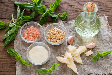 Ingredients for pesto on the wooden table