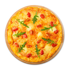 Delicious pizza with cherry tomatoes, mozzarella and fresh arugu
