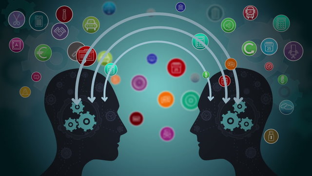 Thoughts connecting in brains with cogs