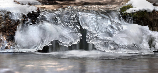 Winter waterfall framed by ice.