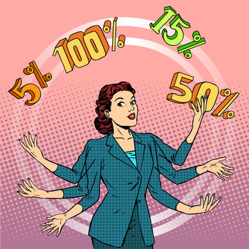 Promotions discounts sale businesswoman juggling cent