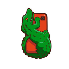 Vector illustration of Cartoon crocodile on a cell phone 