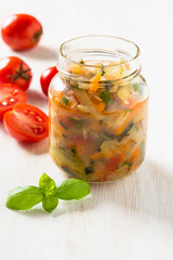 Fototapeta na wymiar Homemade healthy vegetable preserves in glass jar