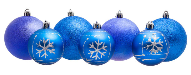 line of xmas blue balls isolated on white