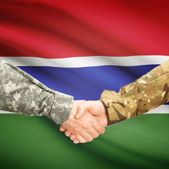 Men in uniform shaking hands with flag on background - Gambia