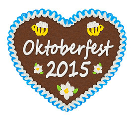 Oktoberfest 2015 gingerbread heart isolated on white background