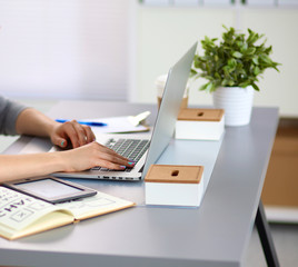 young girl the designer of the table with a laptop