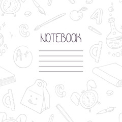Back to school monochrome doodle notebook design and hand lettering sign. School supplies seamless pattern included in swatches
