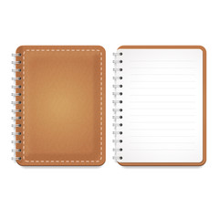 Illustration of a leather notebook with spiral, notepad and