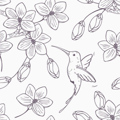Cotton fabric Hand drawn monochrome version of seamless pattern with humming bird colibri and flowers