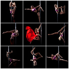 Frau beim Poledance verschiedene schwebende Posen mit Licht Effekten und Tücher Collage