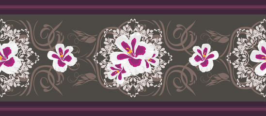 Seamless decorative border with stylized pelargonium flowers