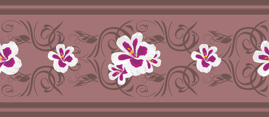 Seamless ornamental border with stylized pelargonium flowers