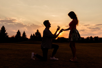 Fototapeta na wymiar silhouette of a man makes a proposal of betrothal to his girlfri