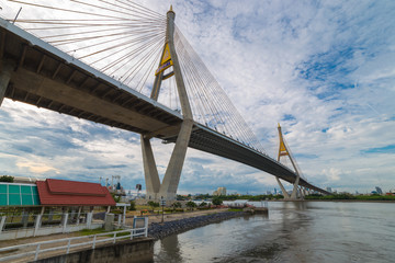 Klong ladpho flood way and Bhumiphol bridge across Chaopraya river in Thailand.