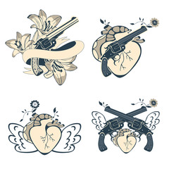 Vintage style emblems with human hearts, flowers and  revolvers