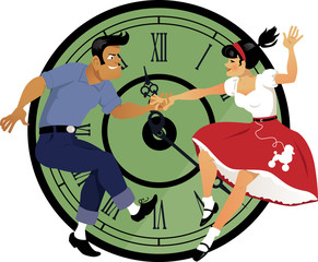 Rock around the clock. Young couple dressed in 1950s fashion dancing rock and roll, clock face on the background.