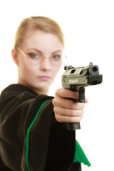 woman lawyer with weapon gun. Crime