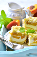 Pieces of peach pie with curd.