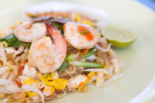 Pad thai, Thai food stir fry noodles with shrimp, vegetable and