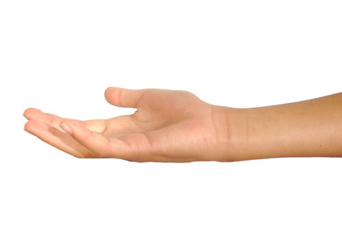 Open female palm or hand begging isolated on a white background