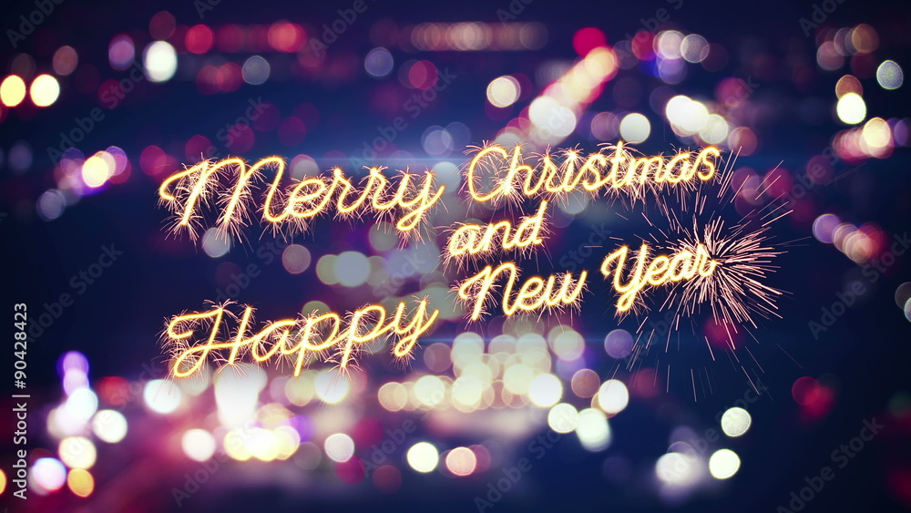 Aufkleber merry christmas and happy new year sparkler text on city bokeh lights. last 5 seconds are loopable. 