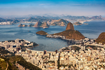 Spectacular aerial view over Rio de Janeiro as viewed from Corcovado. The famous Sugar Loaf...