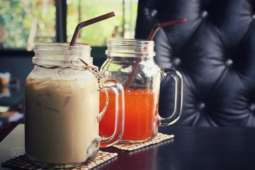 Iced coffee and tea at cafe
