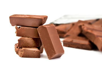 close up chocolate bars on white background