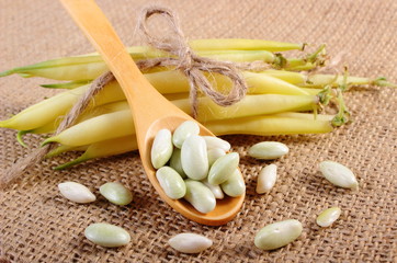 Seeds and stack of yellow beans on jute canvas, healthy food