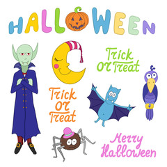 Set of cartoon halloween characters and words isolated on white