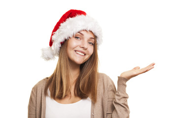 Christmas smiling girl, young woman in santa hat