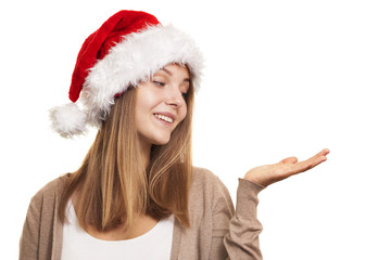 Christmas smiling girl, young woman in santa hat