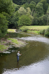 Upper view of fly-fisherman fishing in river