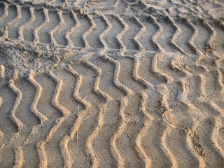 Wheel tracks on the soil.