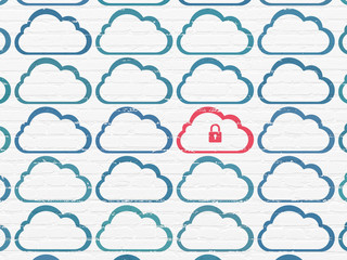 Cloud computing concept: cloud with padlock icon on wall