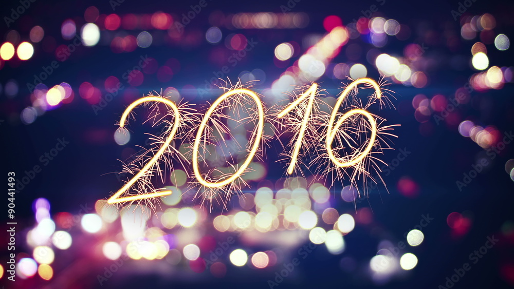 Poster 2016 new year sparkler text and city bokeh lights. last 5 seconds are loopable. 4k (4096x2304)
