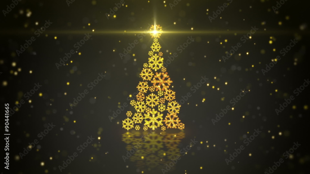 Poster gold christmas tree shape of glowing snowflakes. computer generated seamless loop abstract motion ba