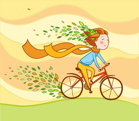 Girl on bike, autumn background.