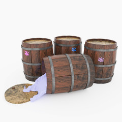 Illustration of four wooden barrels with paints. One barrel and fell out of it poured paint.
