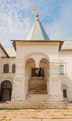 Ancient stone porch with a staircase in one of the temples of Rostov Veliky