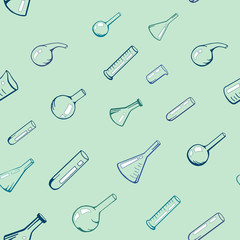 Seamless background of chemical equipment,science, chemistry, sketch, flask background